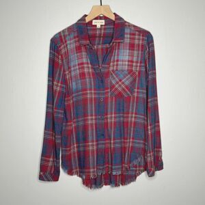 Cloth + Stone Womens Button Up Shirt‎ Medium Red Blue Plaid Fringe Western Rodeo